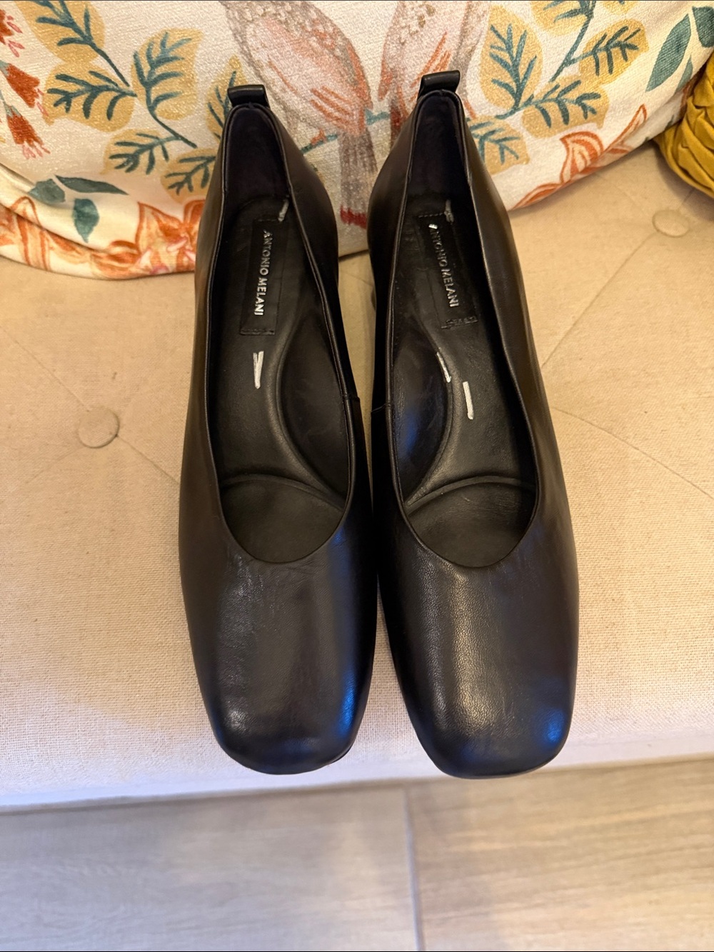 ANTONIO MELANI Black Leather Square-Toe Heels with Low Block Heel